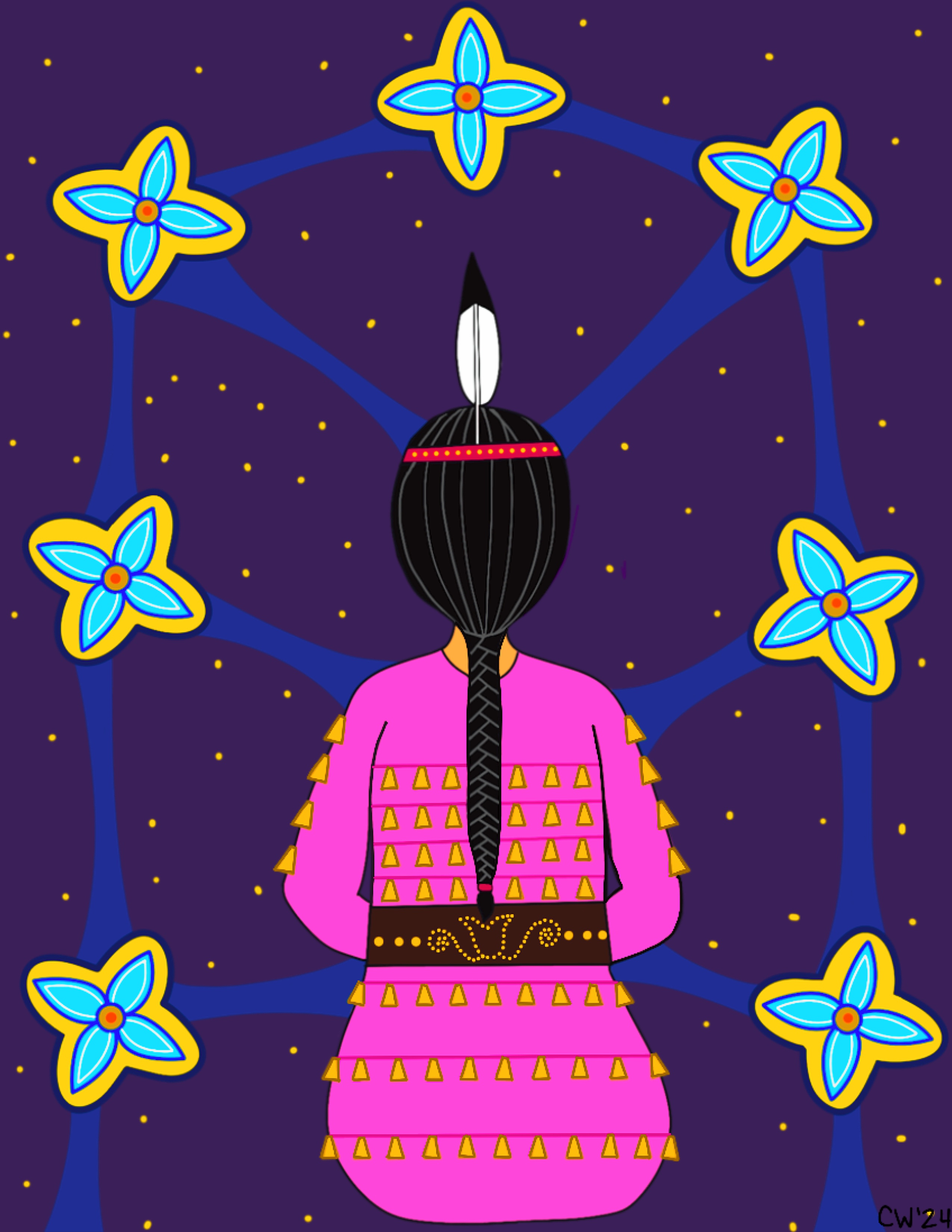 An illustration of an Indigenous woman shown from behind, wearing a vibrant pink dress adorned with rows of yellow triangles. She is set against a deep purple background filled with small yellow stars and seven large blue and yellow four-petaled flowers, arranged to resemble the Big Dipper constellation.