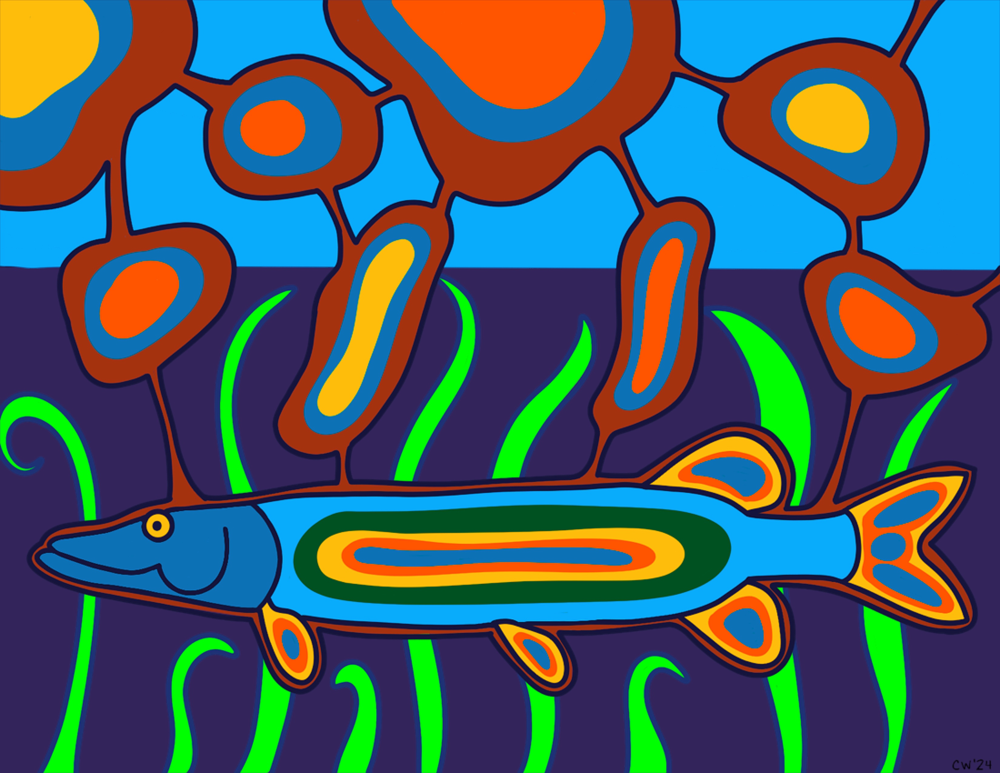 Illustration of a fish swimming underwater. The fish is depicted in vibrant shades of blue, orange, yellow, and green, with bold outlines and organic shapes. Above the fish are abstract plant-like forms and below are wavy green aquatic plants on a dark purple background.