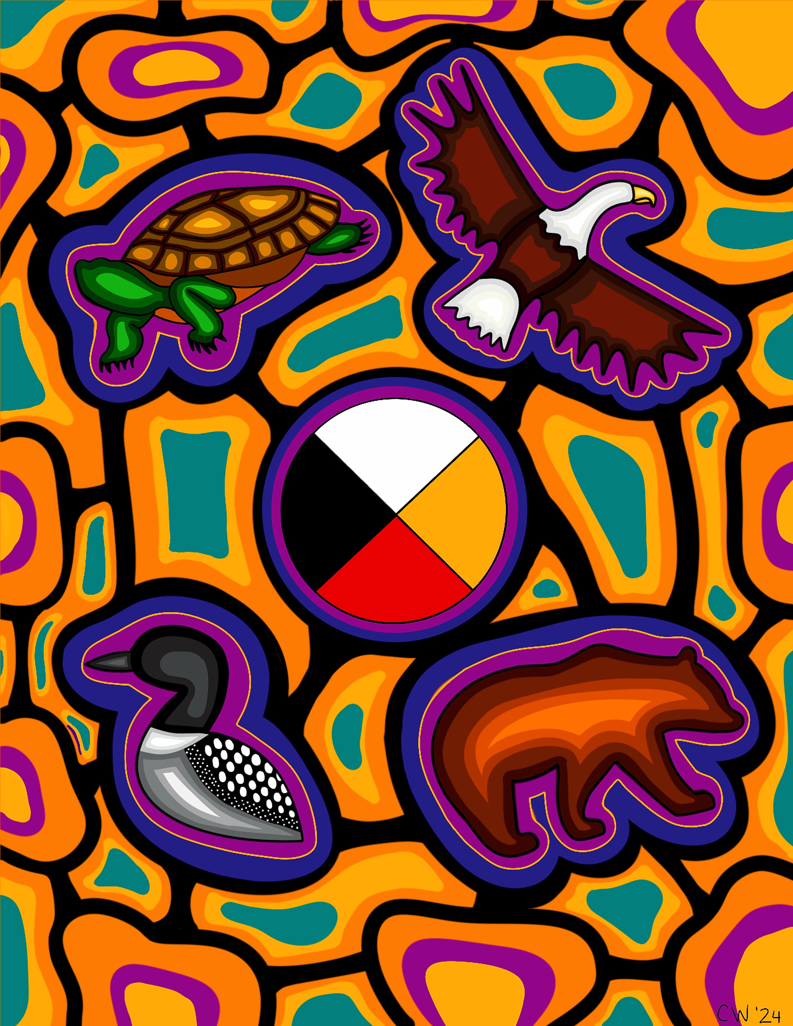 An illustration featuring four animals surrounding a medicine wheel in the center. The animals include a turtle (top left), eagle (top right), loon (bottom left), and bear (bottom right), each outlined in bold purple with stylized patterns. The medicine wheel is divided into four quadrants in black, white, yellow, and red.