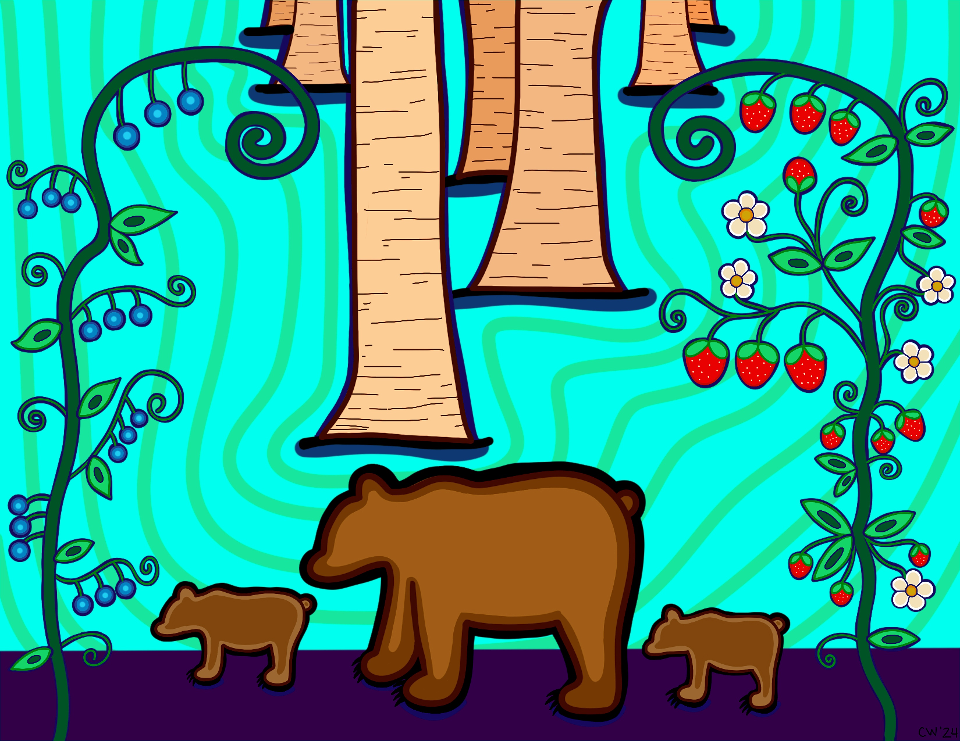 A vibrant illustration of a large brown bear and two smaller cubs walking through a forest against a bright turquoise background with wavy lines. On the left side, blueberry plants with curling vines grow, while on the right side, red strawberries, and small white flowers bloom.