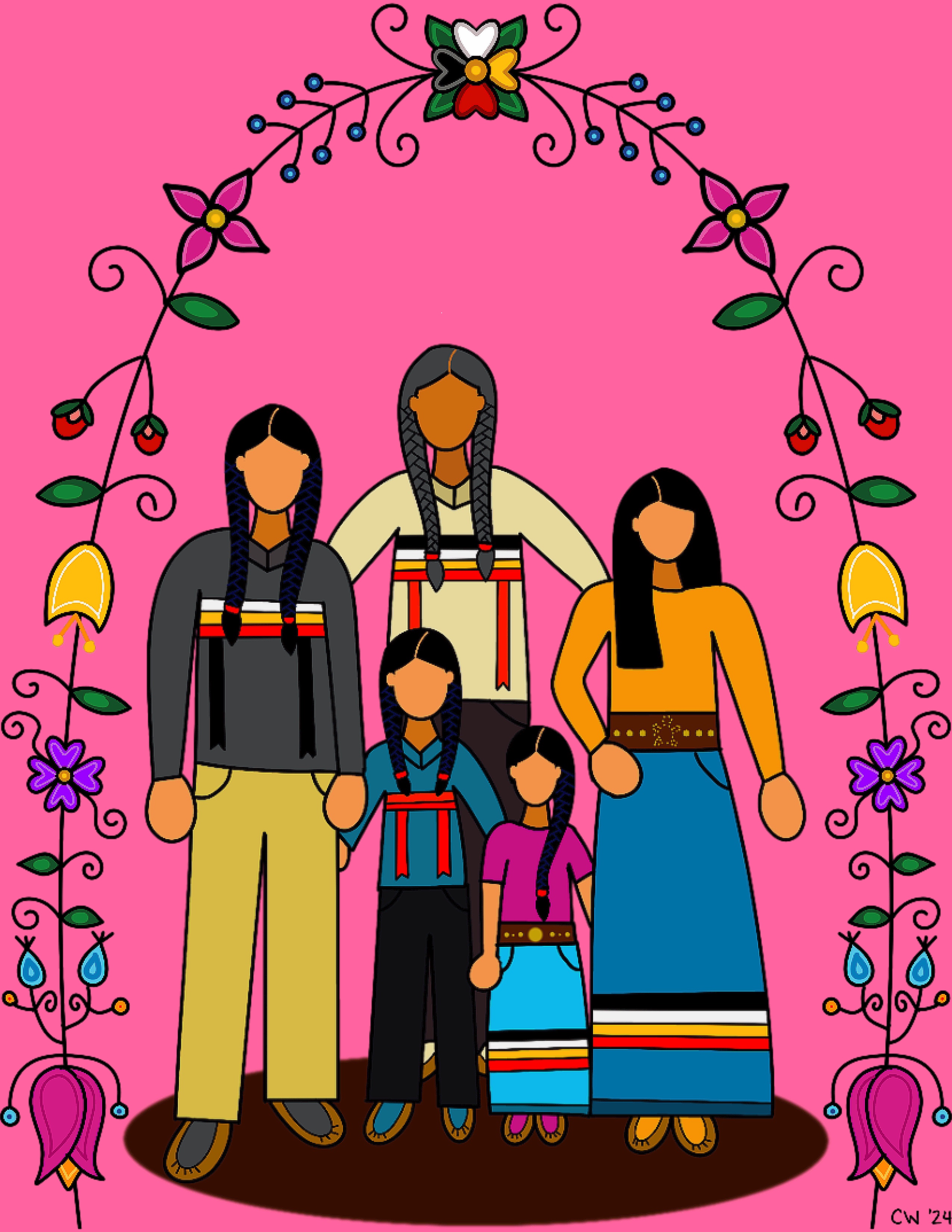 An illustration featuring a Native American family of five standing together against a bright pink background. They wear traditional clothing. Floral and plant designs frame the family on both sides and above.