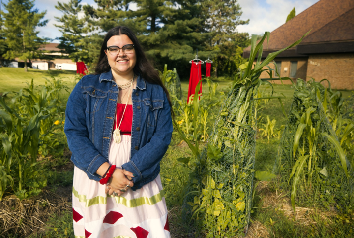 Mikayla Thompson at the Three Sisters Garden she helped establish at the Nokomis Cultural Heritage Center.